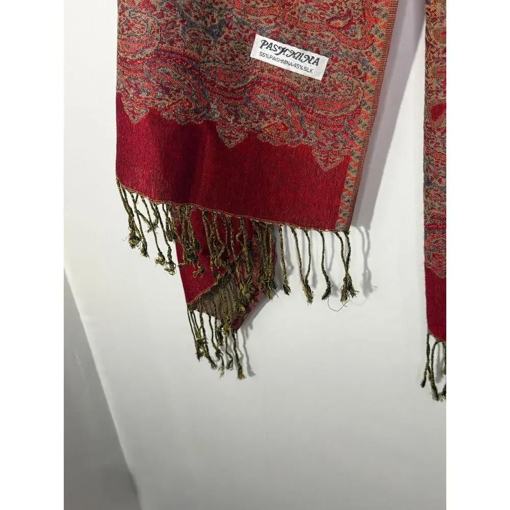 Pashmina Cashmere Silk Shawl Scarf Red Paisley Fringe Wrap 55% Cashmere